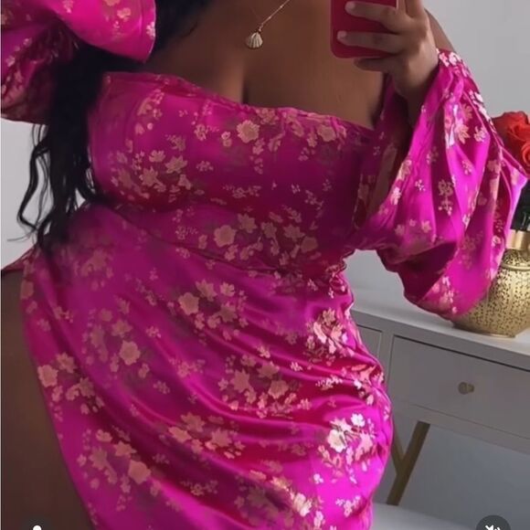 Pink Floral Off-Shoulder Dress Jacquard - Picture 2 of 3